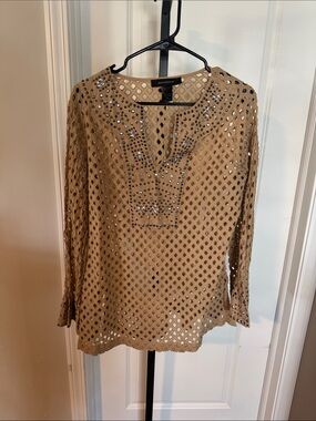 Ashley Stewart Tan Lattice Tunic with Rhinestone Accents